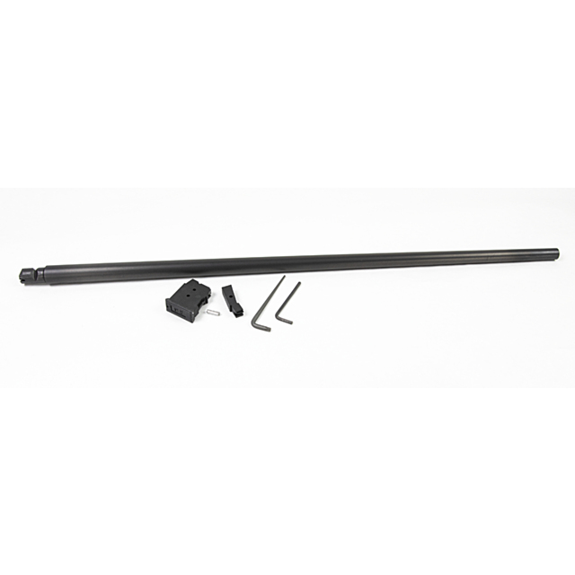 A sleek, black cylindrical rod akin to the CZ 457 AMERICAN BARREL SET, 22LR 24IN NITRIDE rests on a white background. Nearby are various small components: a rectangular piece, a small silver metal piece, and two L-shaped hex keys.