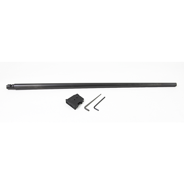 A 24-inch nitride rifle barrel from the CZ 457 American Barrel Set, chambered in 17HMR, is placed on a white background. Accompanying it are a black gas block, two hex wrenches of different sizes, and components compatible with the CZ 457 for maximum prec