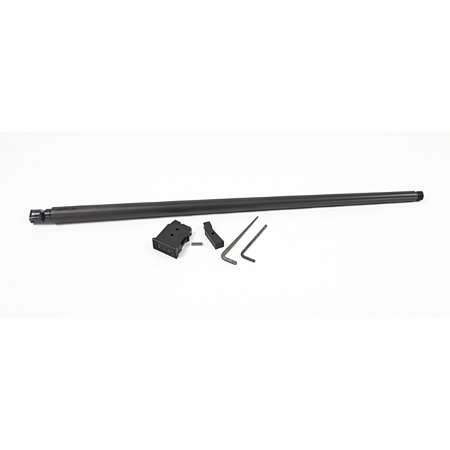 A sleek black rifle barrel and an assortment of accessories—including a magazine, two hex keys, and a small rectangular component—sit against a plain white backdrop. Notably featured is the CZ 457 American SR Barrel Set in 22LR with a 20-inch nitride fini