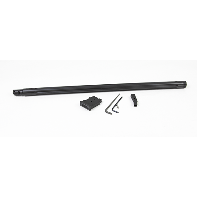 A CZ 457 LONG RANGE MTR SR BARREL SET, 22LR 20IN NITRIDE is positioned above a set of small metal tools and black components, including two Allen wrenches and two rectangular parts, all on a white background.