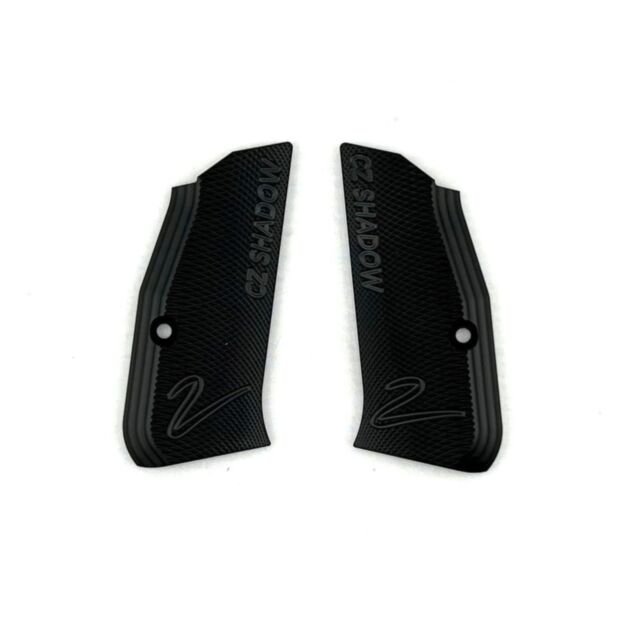 A pair of GRIPS BLACK SHADOW 2 COMPACT, each with "CZ SHADOW" and a stylized "Z", are displayed side by side on a white background. Each compact grip includes a mounting hole.