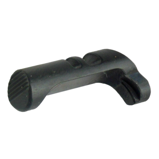 Image of a MAGAZINE CATCH 75B/85B, a black, L-shaped component with textured surfaces and a grooved end, designed for use in mechanical devices or tools.