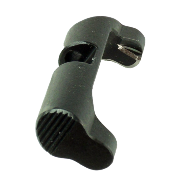 Close-up of a black, L-shaped plastic object with a ridged surface on one end and a small metallic screw on the other. It resembles the MAGAZINE CATCH FOR PHANTOM 75B AND P-01 OMEGA, possibly part of a custom mechanical system like a camera rig.