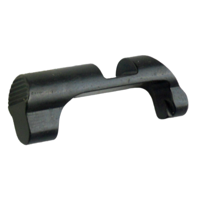 A smooth-finished, black curved metal piece featuring a ribbed end and a hooked edge on one side, likely serves as the MAGAZINE CATCH SP-01 SHADOW for mechanical or industrial applications.