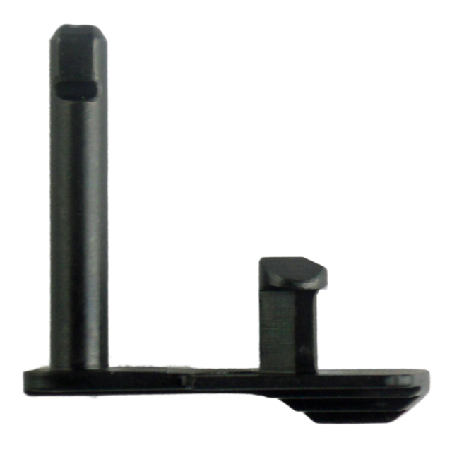 A black metal L-shaped bracket, similar in functional elegance to the SLIDE STOP for 75 style handguns, features a flat base with two vertical protrusions. Set against a white background, its smooth surface and minimalist design exude precision engineerin
