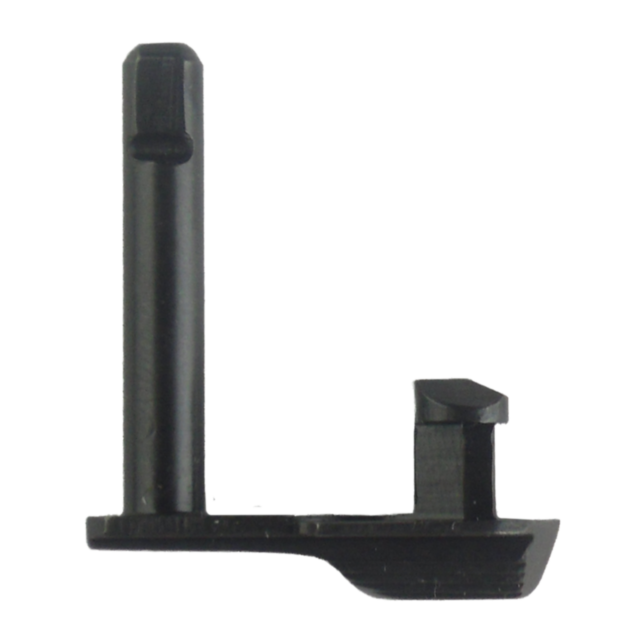Black plastic slide stop for CZ 75, featuring a long cylindrical arm and right-angled base, exemplifying the sleek precision of accessories in this range, viewed from the side against a white background.