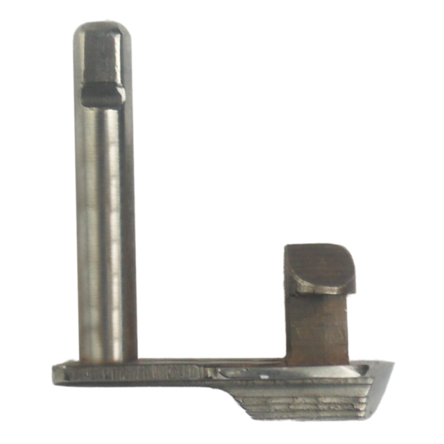 The SLIDE STOP 75 9MM STAINLESS MATTE consists of a tall vertical rod and a shorter angled piece, both connected to a flat base. The surfaces are smooth with a stainless matte finish, and the front of the base includes a textured section.