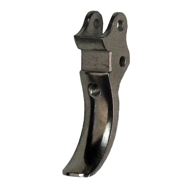 The TRIGGER SHADOW LINE from SHADOW LINE features a sleek, curved design with a convenient mounting hole at the top and precise threading in the middle. Its smooth, polished finish enhances both functionality and style.