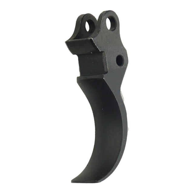 Close-up of the black, curved metal TRIGGER P-07 DUTY with two holes at the top. The trigger has a smooth finish, making it suitable for a firearm or mechanical device, set against a transparent background.