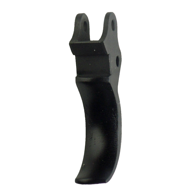 A shiny black metal object, curved in shape with two notches at the top, appears to be the TRIGGER P-01/PCR/SP-01/RAMI. The design suggests a mechanical component with trigger-like features, equipped with a hole on each notch for potential mounting or att