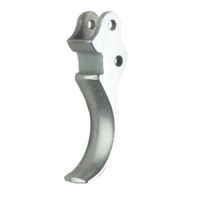 The object is a TRIGGER CZ 75/85, featuring a metallic, curved design with two holes and a trigger-like shape. It has a sleek, polished surface similar to a component from the CZ 75/85 pistol and is elegantly displayed on a white background.