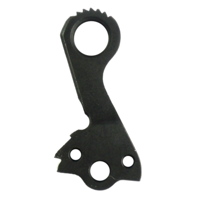 The HAMMER 75B/85 is a sleek black metal bottle opener featuring a circular handle and jagged edge for effortlessly opening bottles. Its simple, flat design includes two small circular holes near the bottom for added functionality.