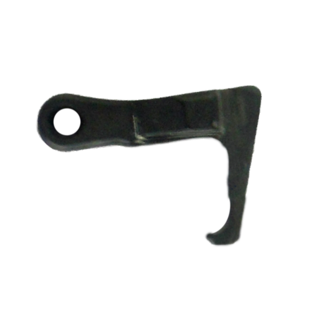A DECOCKING DISCONNECTOR made from black plastic, designed with a rounded hole on one end, a curved hook on the other, and a flat central section.