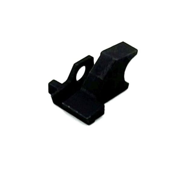 A compact, black NOCTURNE HAMMER CATCH bracket with an angular design, flat base, sloped raised section, and a circular hole near one end.