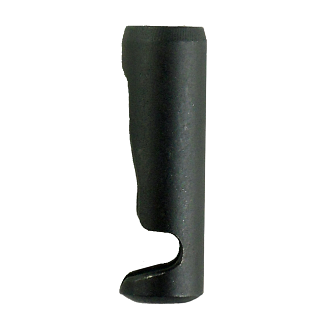 A black cylindrical object with a smooth surface and a curved cutout near the bottom resembles a mechanical tool component. This elongated, tubular piece might serve as a MAIN SPRING PLUG 75/85.