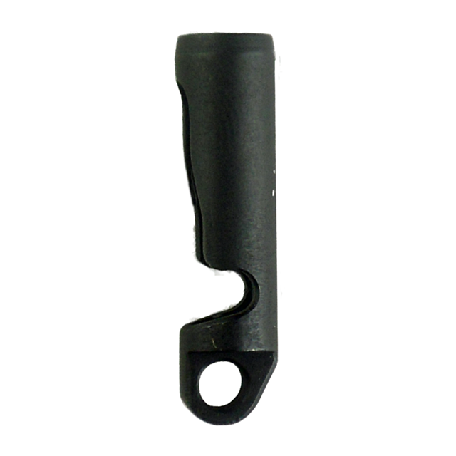 The MAIN SPRING PLUG W/LANYARD LOOP is a black, cylindrical metal component that includes a lanyard loop with a hook-like structure and has a circular hole at the bottom, shown isolated on a white background.