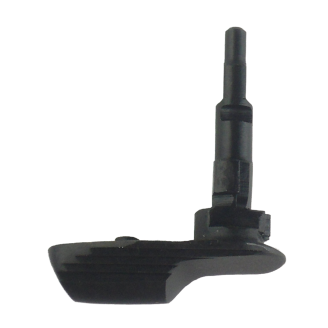 Against a white background, the SAFETY LEFT 75B.40/85 black mechanical component showcases an intricately shaped design. It features a protruding cylindrical section and a flat, angled base with layered details that align perfectly for left safety configu