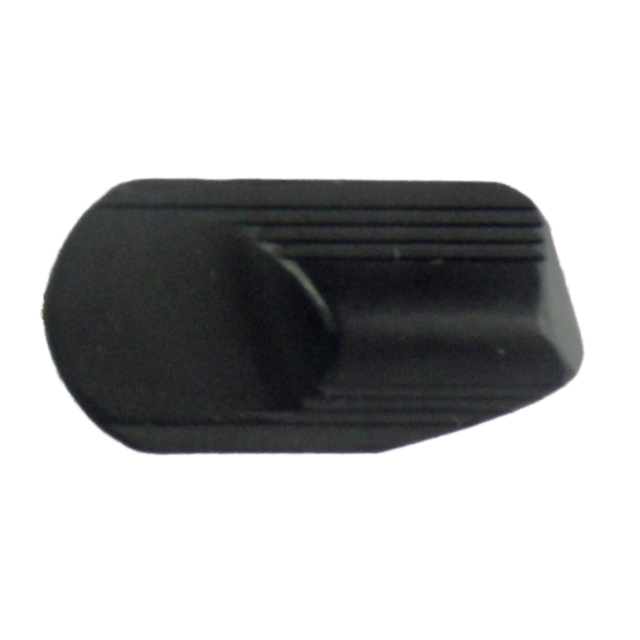 Image of the SAFETY LEFT SP-01, a black plastic guitar knob with an oval shape and grooves for grip, designed to adjust volume or tone while ensuring enhanced safety.