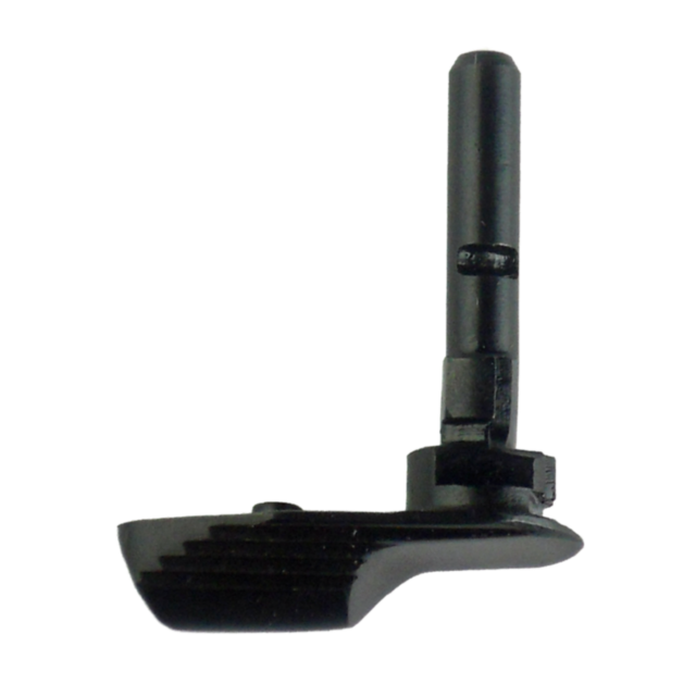 Close-up of the SAFETY- LEFT 75B/9MM/97B, a black mechanical lever featuring a textured surface and cylindrical shaft, designed for safety. The lever is isolated against a white background.