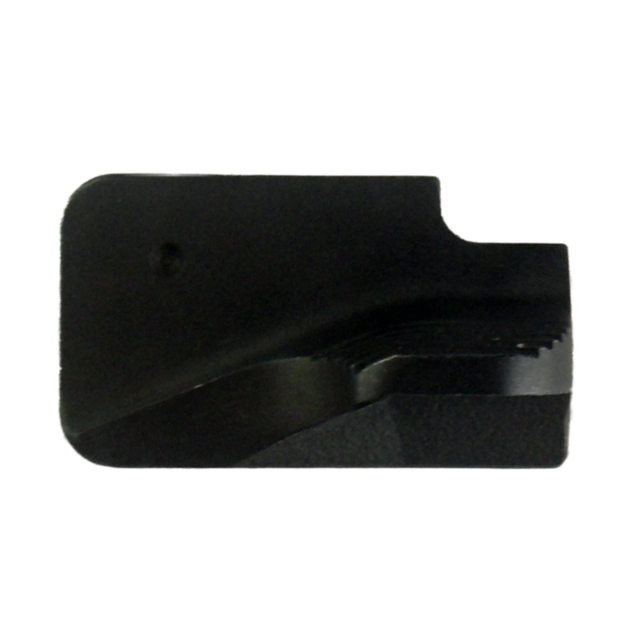 A product is displayed against a white background, showcasing the SAFETY 75 SINGLE ACTION RIGHT with its black, rectangular shape and curved bottom edge. The small circular hole on the left side emphasizes its emphasis on safety.