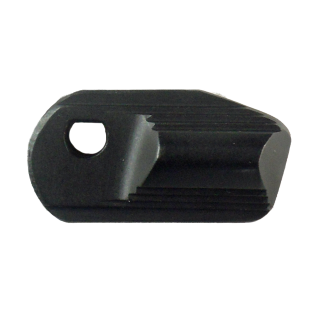 The SAFETY RIGHT 75 SP-01 is a black metal key blank with a rectangular shape, featuring a single hole on one end and ridges along its length for improved safety.