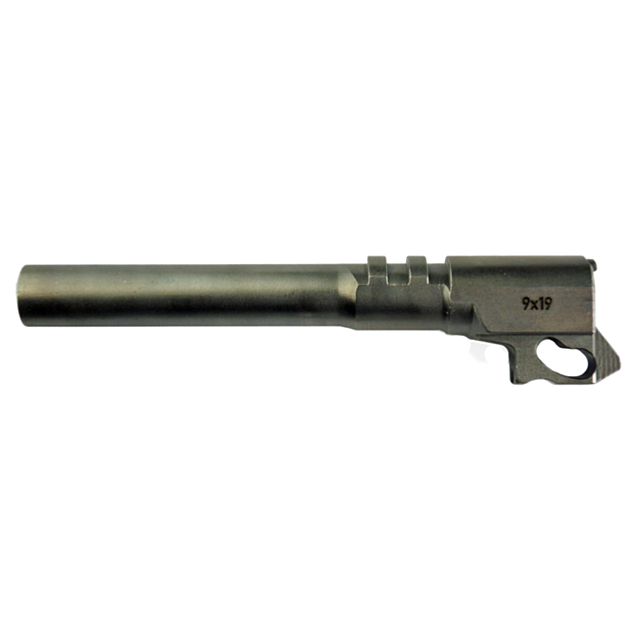 A cylindrical metal firearm accessory, marked "9x19" on one side and featuring a notched connector at the base, is essential for high-quality 9mm firearms. The BARREL 9MM 75/85 offers a smooth surface with a matte finish, embodying precision and performan