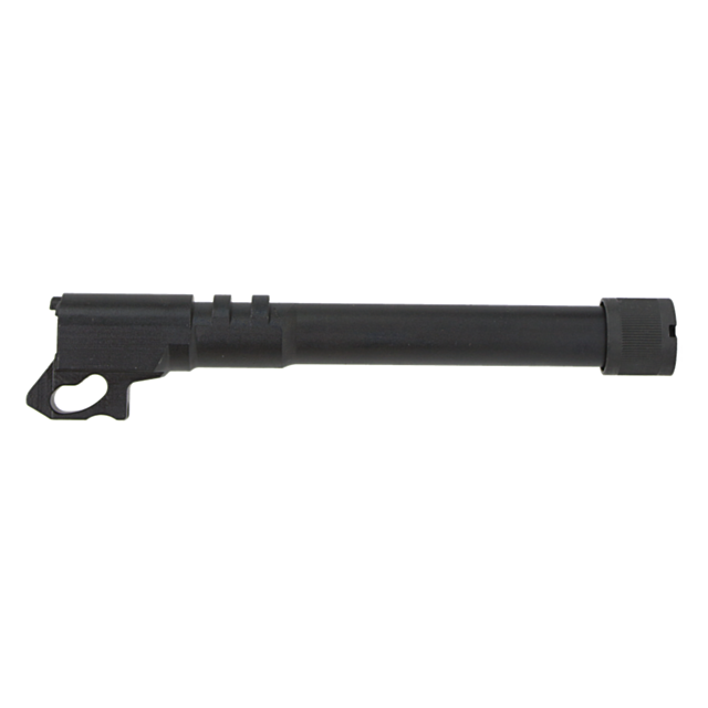 The THREADED BARREL 9MM 75 1/2X28, made of black metal with a threaded design, is isolated on a white background.