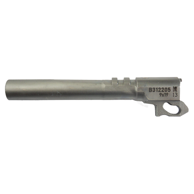 This metallic SP-01 9MM barrel boasts intricate engravings, including numbers and symbols, skillfully merging elegance with precision. Its cylindrical form showcases ridges near one end alongside a curved extension, while the "9x19 9MM" inscription is pro