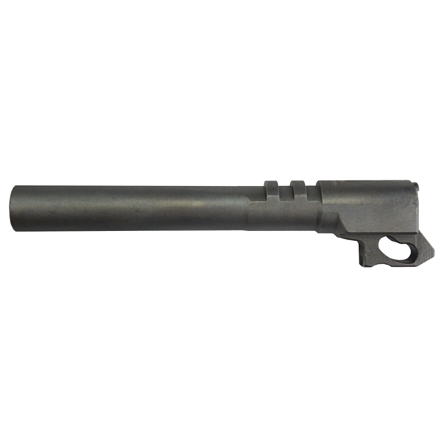 The EXTENDED BARREL FOR SP-01 9MM ONLY, in grey metallic finish, has a cylindrical design with a notched section near one end and is shown horizontally against a white background.