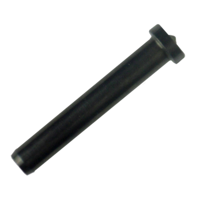 The RECOIL SPRING GUIDE STEEL 75 9MM is a black metal cylindrical pin with a flange on one end, designed for durability and used in 9mm applications, set against a white background.