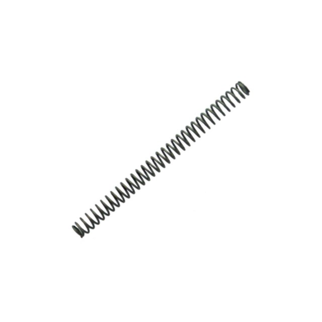 Against a white background, the RECOIL SPRING 75/85 9MM is positioned diagonally. This black metal spring features evenly spaced coils and a consistent diameter, exemplifying its reliable engineering throughout.