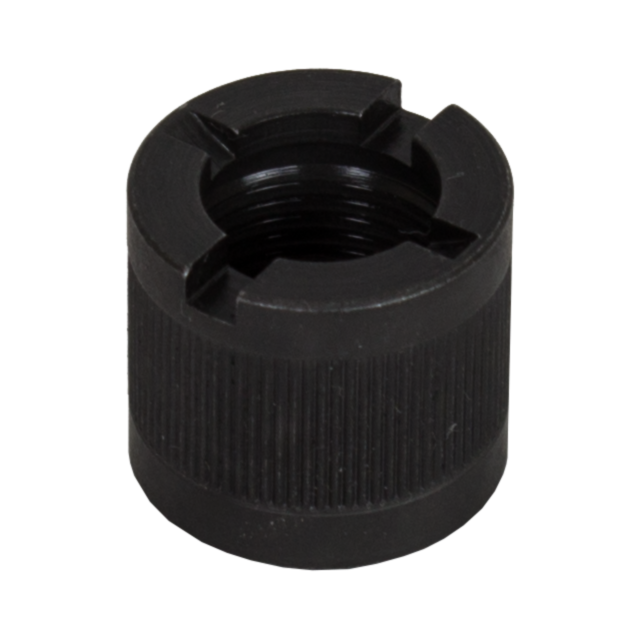 The product, THREAD PROTECTOR 9MM PISTOL BARREL, is a black cylindrical cap with vertical ridges for enhanced grip and four symmetrical notches around the top edge. Its threaded design efficiently mimics the appearance of a thread protector used for secur