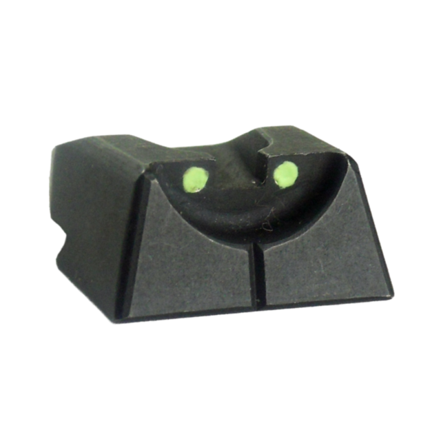 The REAR SIGHT PCR #5 .330 model in black offers a U-shape notch and two green dots on the face. It is slightly angled, emphasizing its robust and functional design tailored for precision aiming with firearms.