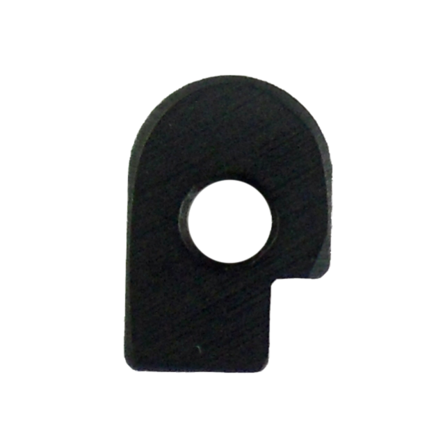 The FIRING PIN STOP 85 COMBAT is a black, curved metal bracket with a circular hole in the center, designed for assembly or mounting purposes, showcased against a pristine white background.