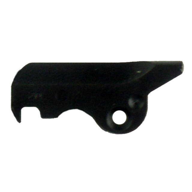 A black extractor component with an irregular shape, featuring a curved edge and a circular 9MM hole, is part of the CZ 75 Style EXTRACTOR series.