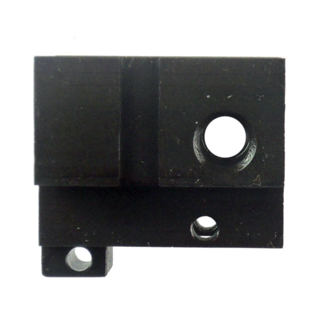 The FRONT INSERT SP-01 PHANTOM is a black, rectangular metal component with a slightly textured surface, showcasing two circular holes—one larger and one smaller—against a white background.