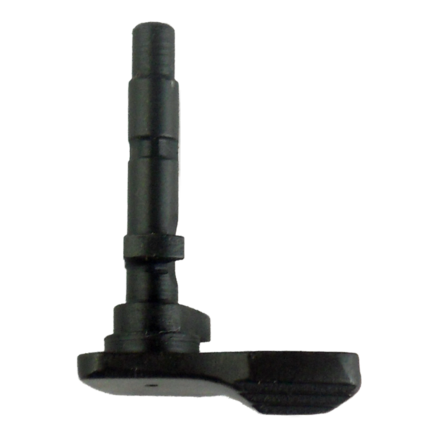 A product that appears to be the DECOCKING LEVER CONTROLLER 75/97BD is shown against a pristine white background, featuring a black metal cylindrical shaft with grooves and a flat, wing-like base.