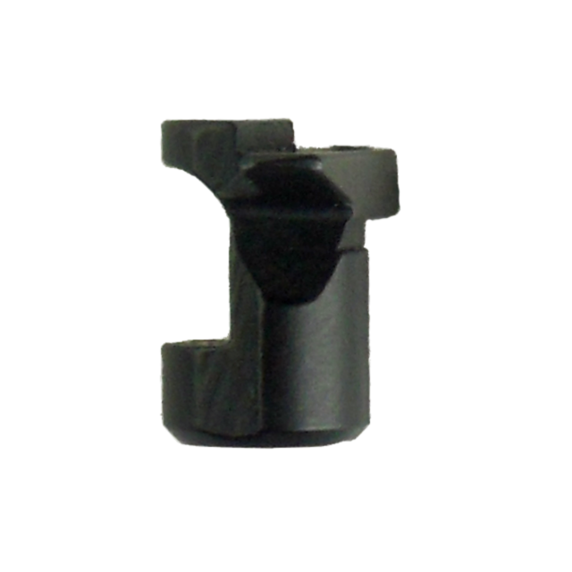 Close-up of a FIRING PIN BLOCK STOP, small and black with grooves and a cylindrical shape, featuring a hook or support structure on one side against a plain white background.