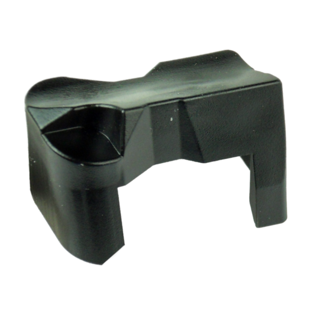 A black, angular object made of plastic, with a rounded scoop on one end and a flat base, reminiscent of the MAGAZINE FOLLOWER 9MM/40S&W, is set against a white background.