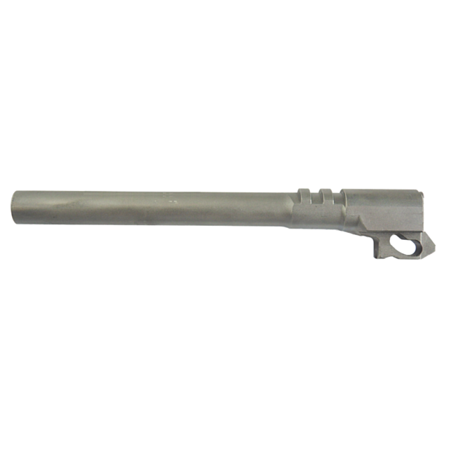 A metal cylinder matching the description of the BARREL 6" 9MM features a small bracket-like extension at one end. Its smooth, grayish surface makes it an intriguing addition to gun accessories.