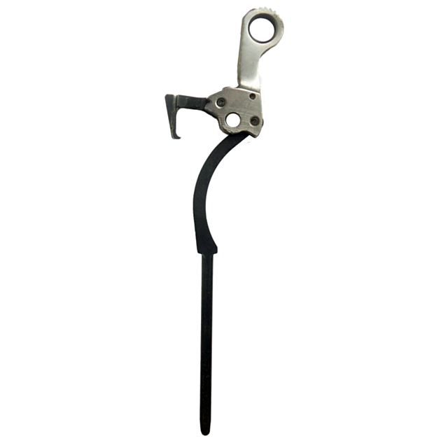 The HAMMER COMPLETE 75 STAINLESS metallic hand ascender is designed for climbing, featuring a curved shape and safety latch mechanism. It is crafted from stainless steel, includes a textured handle, and has a gear system at the top for secure rope grippin