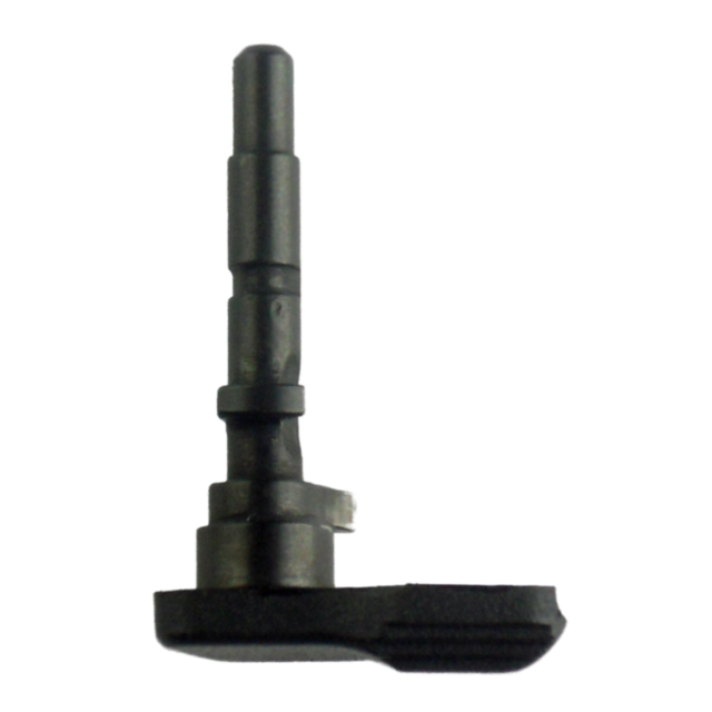 The image showcases a DECOCKING LEVER PHANTOM, a black, metallic L-shaped mechanical component with a grooved cylindrical shaft and flat base. Its precise industrial design suggests it is part of machinery or tooling equipment.