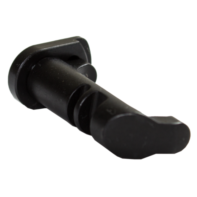 A black, cylindrical mechanical lever with grooves along its shaft, known as the Magazine Catch Shadow 2 and SP-01 Extended Black Button, stands out crisply against the white background.