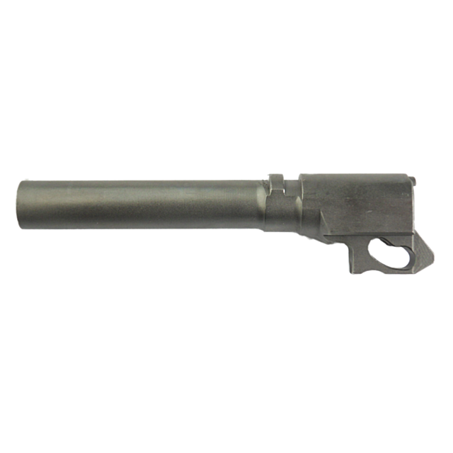The 75 Style Compact BARREL 9mm is a compact handgun barrel crafted from metal, featuring a cylindrical shape with an attached lug on one side, and is displayed against a white background.