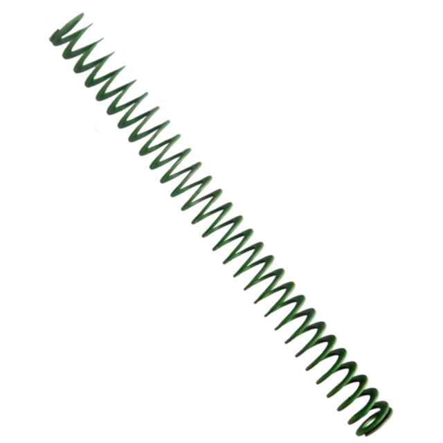 Close-up of a RECOIL SPRING P-01, coiled and elongated diagonally across a white background. This green spring boasts evenly spaced loops and a shiny surface, emphasizing its metallic nature.