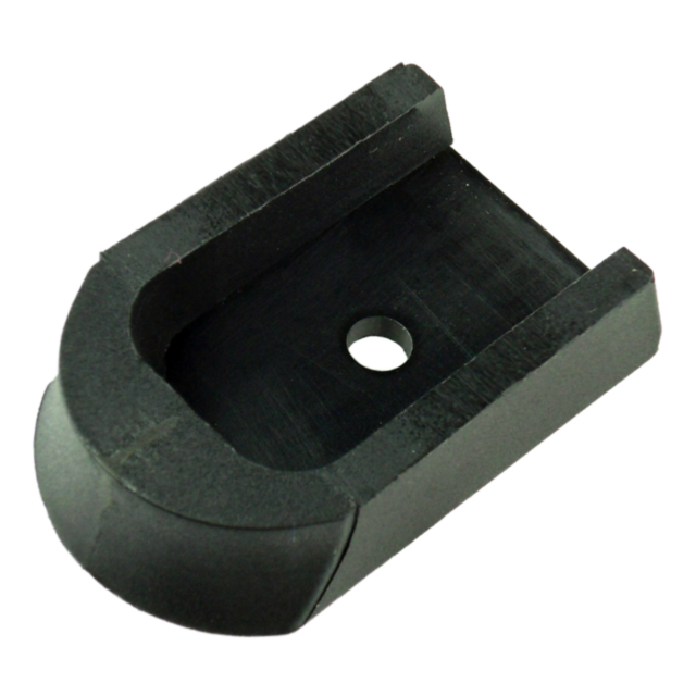 The MAGAZINE BASE 40P/SP01 is a black, U-shaped piece made from plastic or rubber, featuring a flat base and slightly rounded edges. The center of the 40P base has a circular hole.