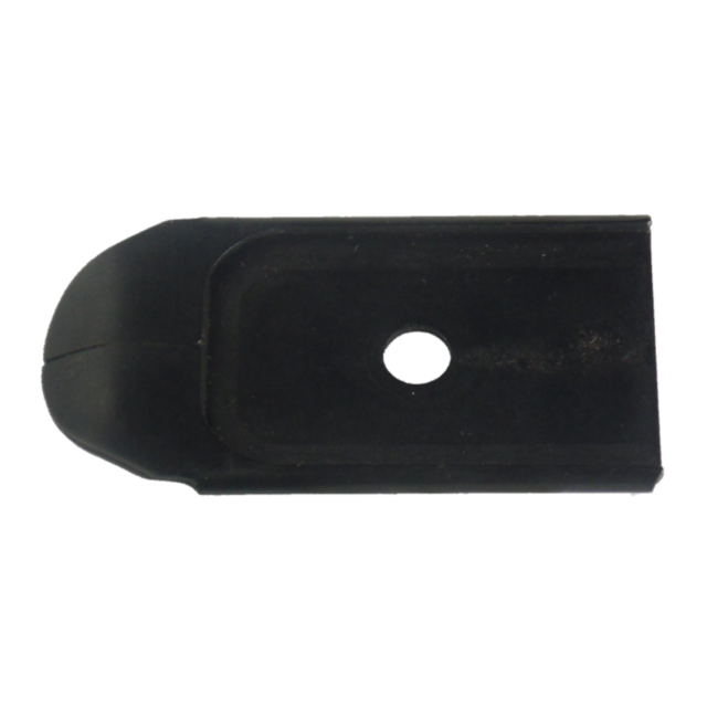 Introducing the MAGAZINE BASE STEEL COMPACT: a stylish compact blade crafted from durable steel, designed with a single central hole. Its flat rectangular body is complemented by an elegantly curved edge on one side, and it features a subtly textured surf