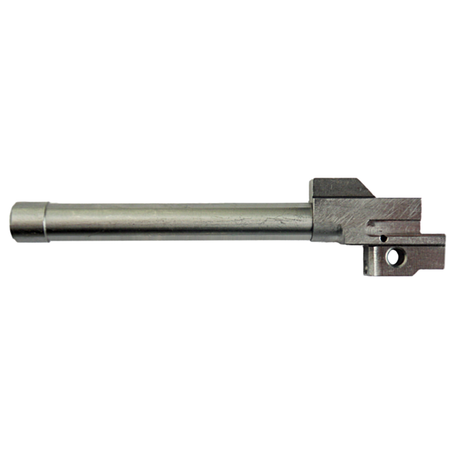 The BARREL KADET .22LR, a metallic cylindrical gun barrel, features a precise hole and linear grooves on its surface. It is showcased from the side against a plain white background, emphasizing its design reminiscent of the Kadet model.