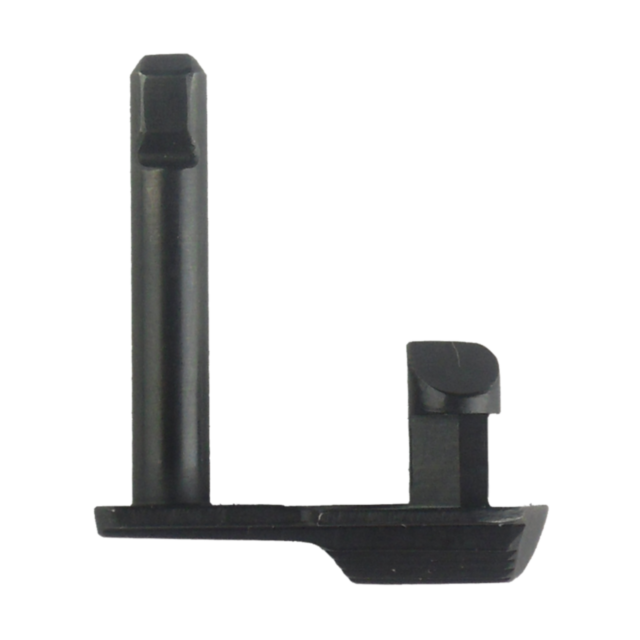 A black metal L-shaped bracket featuring two vertical components of varying heights, designed for mechanical or structural applications with precision equivalent to the SLIDE STOP KADET .22LR. Its surface is smooth and polished, ensuring reliability simil