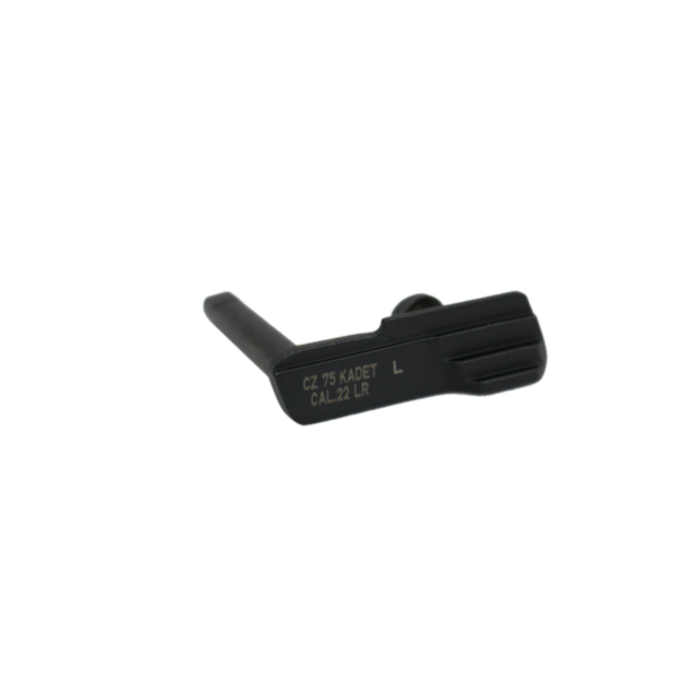 A black slide stop from the SLIDE STOP KADET series for P-01, PCR, and P-06 with "CAL. 22 LR" engraved on the side is prominently displayed against a white background, showcasing its intricate design and grooves. The precision of the Kadet series is appar